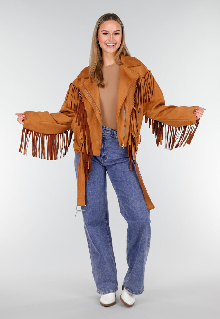 Bruine Suede Look Jas met Lange Fringe Details en Gespsluiting