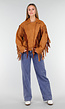 Bruine Suede Look Jas met Lange Fringe Details en Gespsluiting