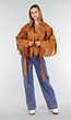 Bruine Suede Look Jas met Lange Fringe Details en Gespsluiting