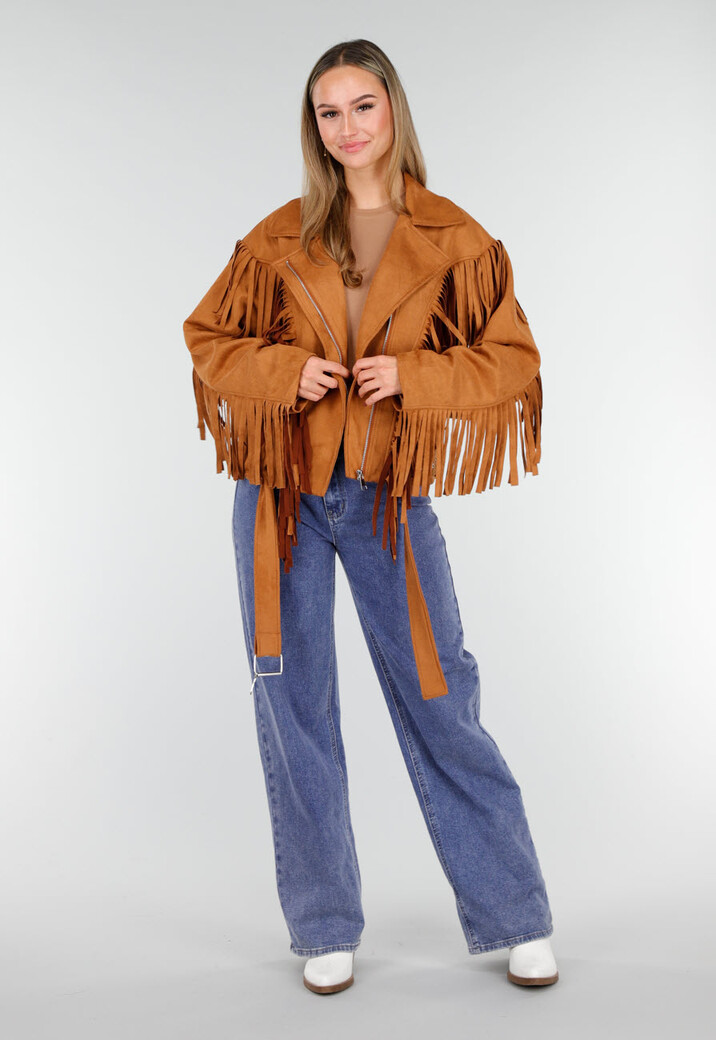 Bruine Suede Look Jas met Lange Fringe Details en Gespsluiting