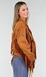 Bruine Suede Look Jas met Lange Fringe Details en Gespsluiting