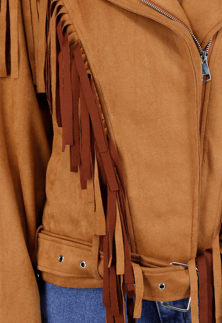 Bruine Suede Look Jas met Lange Fringe Details en Gespsluiting