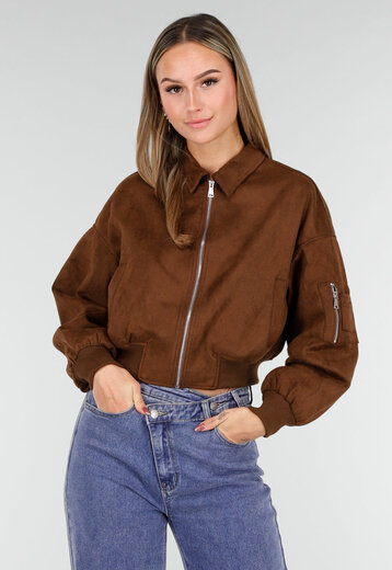 Bruine Suede Cropped Bomberjas