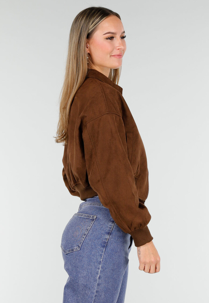 Bruine Cropped Bomberjas met Zilverkleurige Rits en Utility-Zak op de Mouw