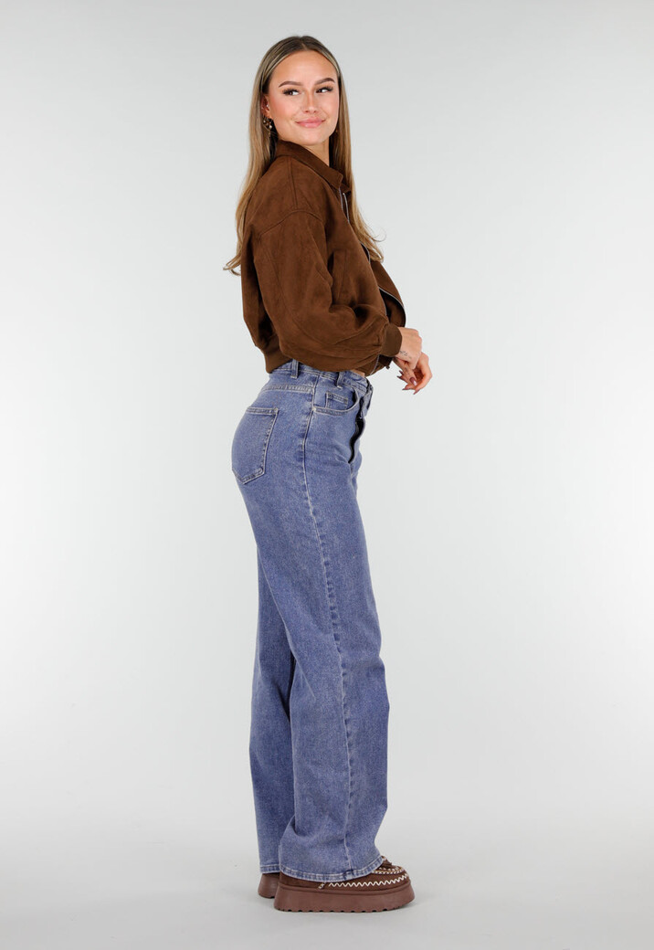 Bruine Cropped Bomberjas met Zilverkleurige Rits en Utility-Zak op de Mouw