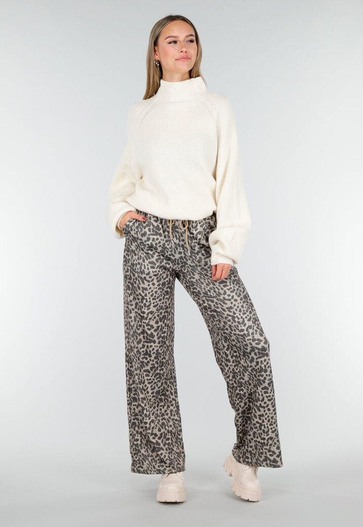 Leopard Print Broek met Rechte Pijp en Elastische Taille