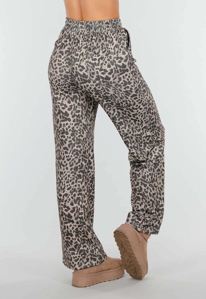 Leopard Print Broek met Rechte Pijp en Elastische Taille
