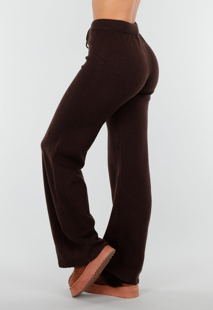 Bruine Gebreide Loungebroek met Trekkoord en Rechte Wijdvallende Pijpen