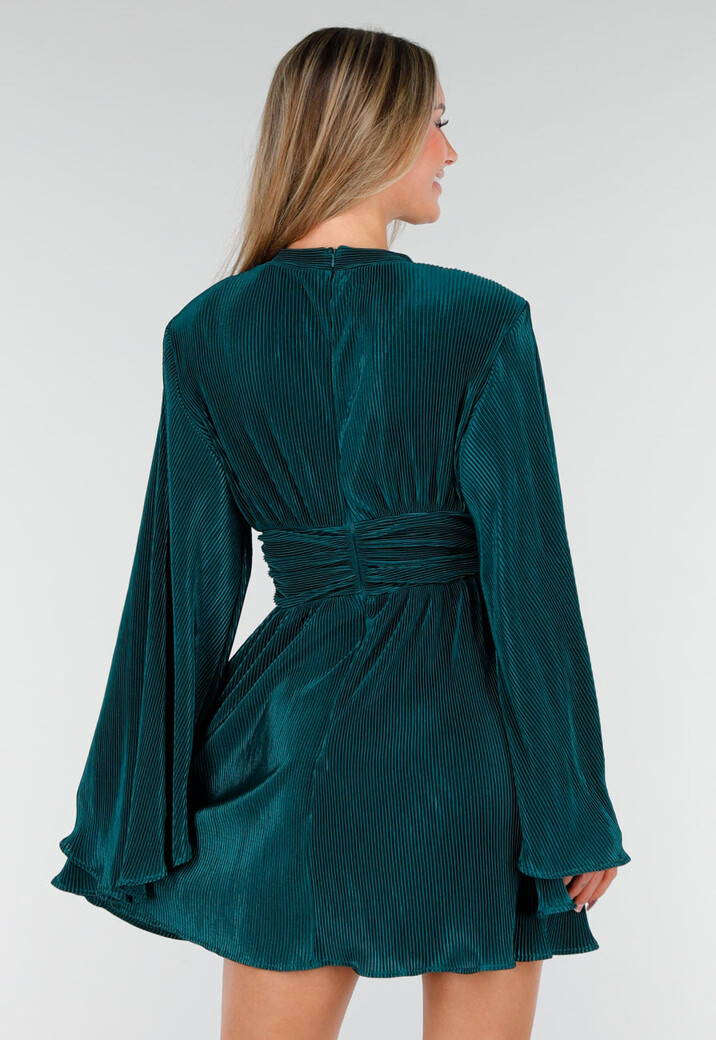 Donkergroene Plissé Jurk met Wijde Mouwen en Gerimpelde Taille