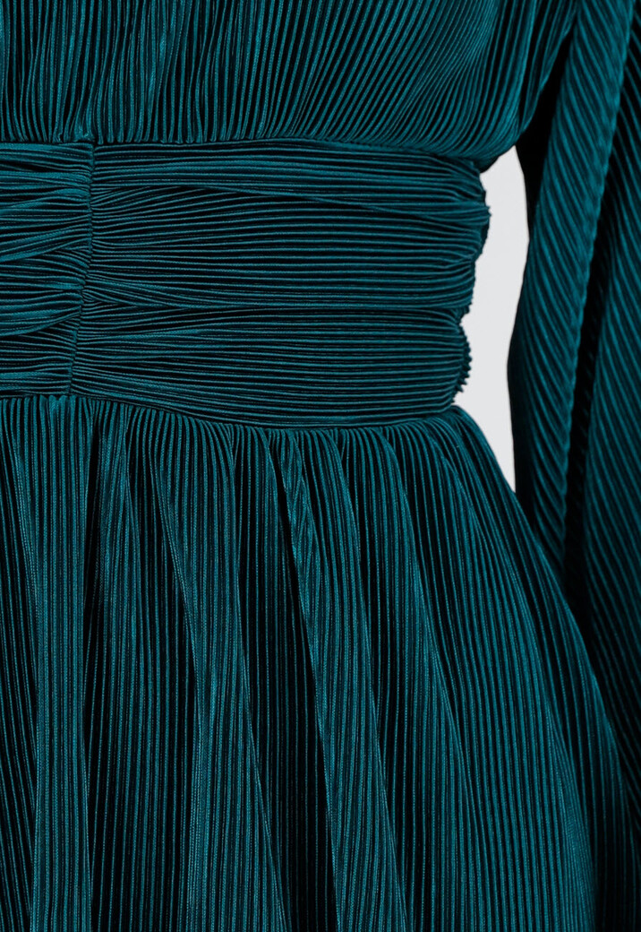 Donkergroene Plissé Jurk met Wijde Mouwen en Gerimpelde Taille