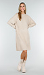 Beige Gebreide Jurk met Lange Mouwen en Recht Ribpatroon