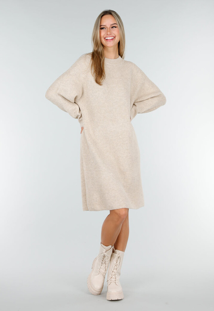 Beige Gebreide Jurk met Lange Mouwen en Recht Ribpatroon
