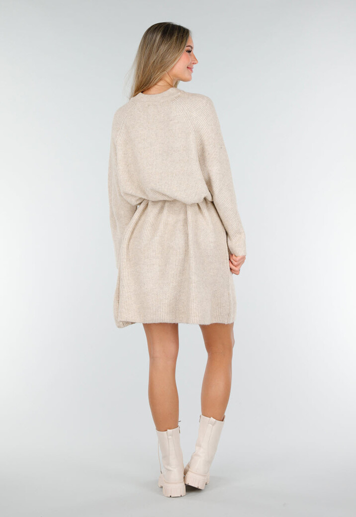 Beige Gebreide Jurk met Lange Mouwen en Recht Ribpatroon