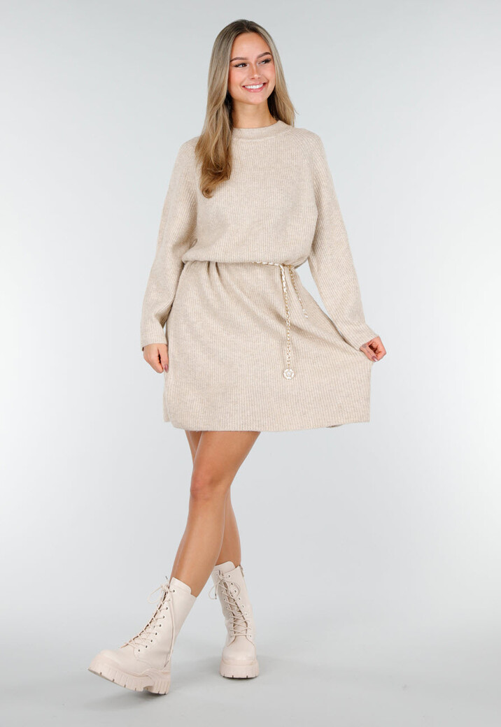 Beige Gebreide Jurk met Lange Mouwen en Recht Ribpatroon
