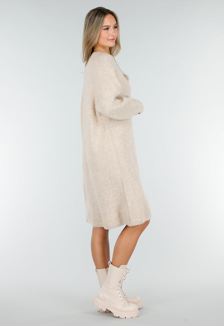 Beige Gebreide Jurk met Lange Mouwen en Recht Ribpatroon
