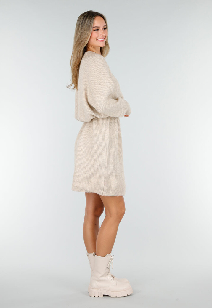 Beige Gebreide Jurk met Lange Mouwen en Recht Ribpatroon