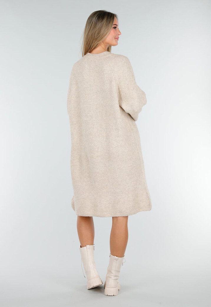 Beige Gebreide Jurk met Lange Mouwen en Recht Ribpatroon