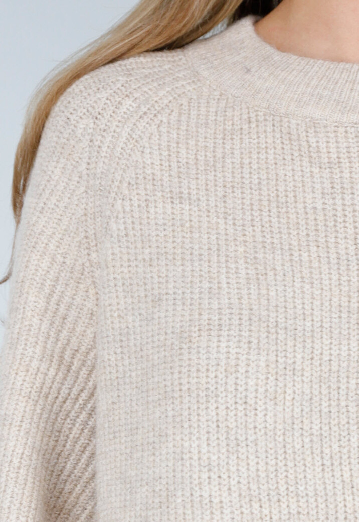 Beige Gebreide Jurk met Lange Mouwen en Recht Ribpatroon