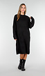 Zwarte Gebreide Jurk met Lange Mouwen en Recht Ribpatroon