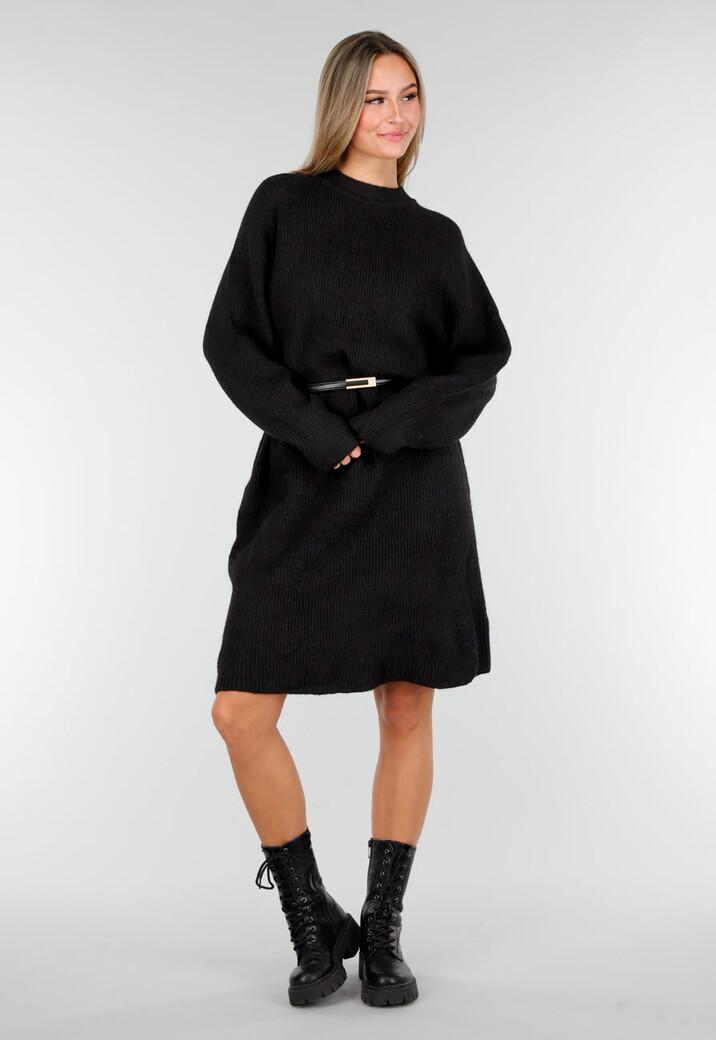 Zwarte Gebreide Jurk met Lange Mouwen en Recht Ribpatroon