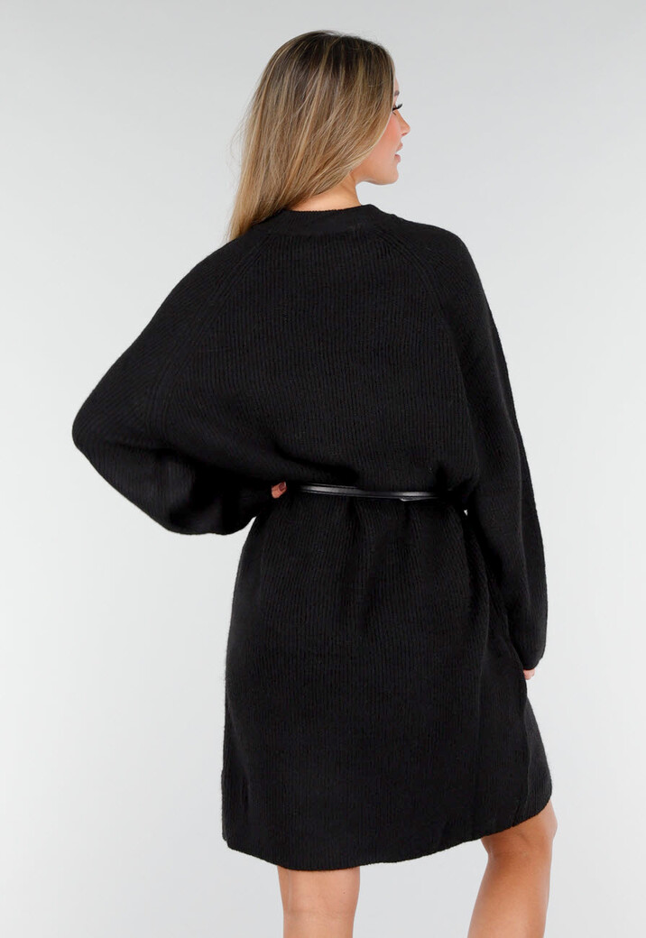 Zwarte Gebreide Jurk met Lange Mouwen en Recht Ribpatroon