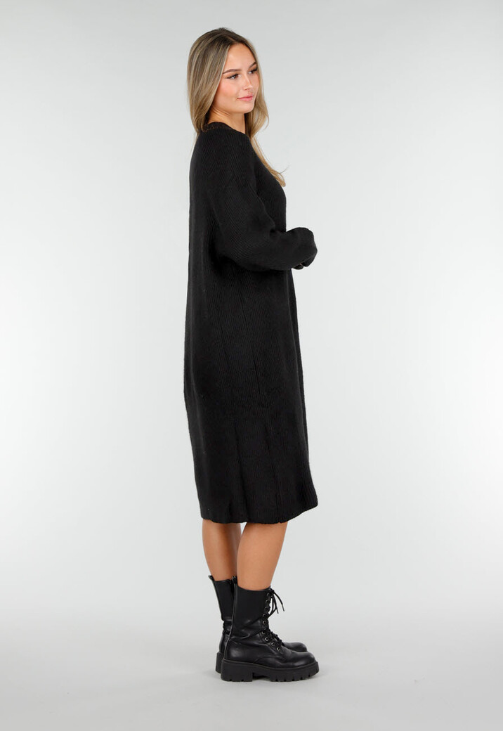Zwarte Gebreide Jurk met Lange Mouwen en Recht Ribpatroon