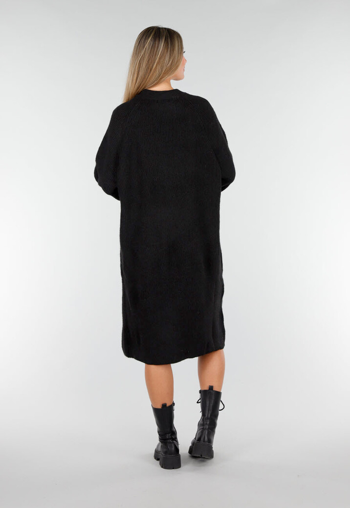 Zwarte Gebreide Jurk met Lange Mouwen en Recht Ribpatroon