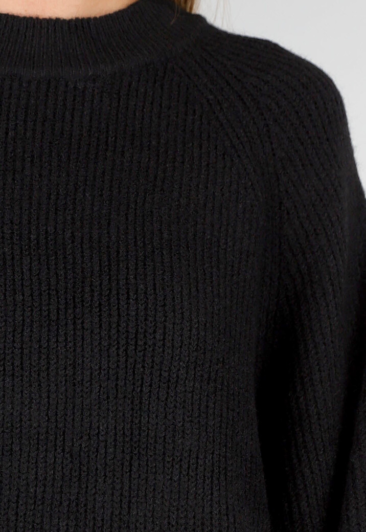 Zwarte Gebreide Jurk met Lange Mouwen en Recht Ribpatroon