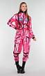 Roze Metallic Astronaut Jumpsuit met Patches, Zwarte Accenten en Elastische Manchetten