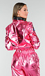 Roze Metallic Astronaut Jumpsuit met Patches, Zwarte Accenten en Elastische Manchetten