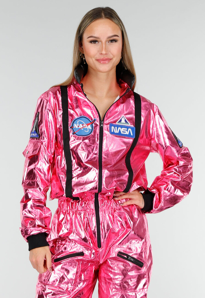 Roze Metallic Astronaut Jumpsuit met Patches, Zwarte Accenten en Elastische Manchetten