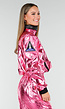 Roze Metallic Astronaut Jumpsuit met Patches, Zwarte Accenten en Elastische Manchetten