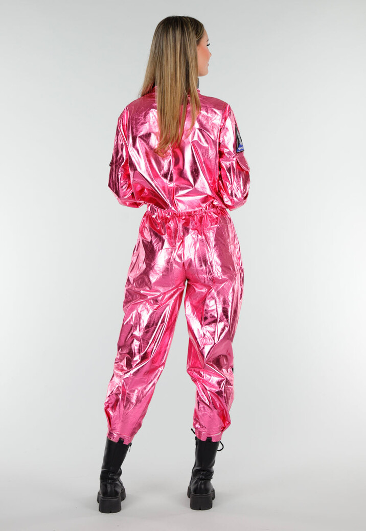 Roze Metallic Astronaut Jumpsuit met Patches, Zwarte Accenten en Elastische Manchetten