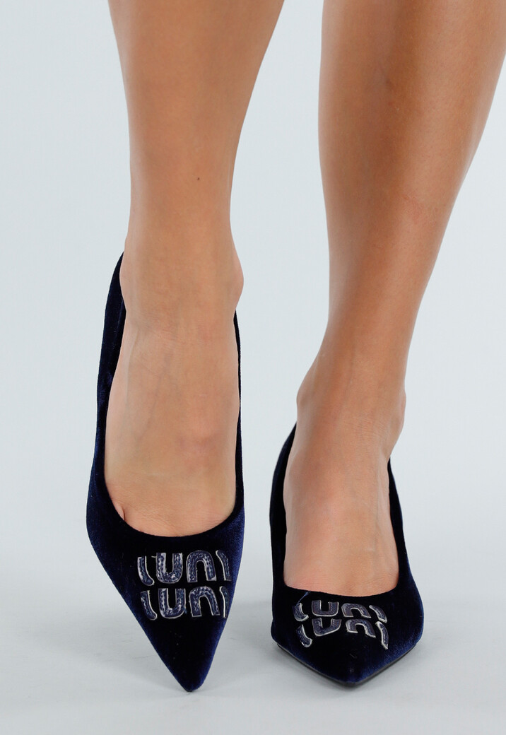 Donkerblauwe Velvet Pumps met Slanke Hak