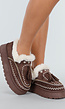 Bruine Instappers met Faux Fur en Witte Borduursels