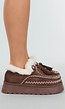 Bruine Instappers met Faux Fur en Witte Borduursels