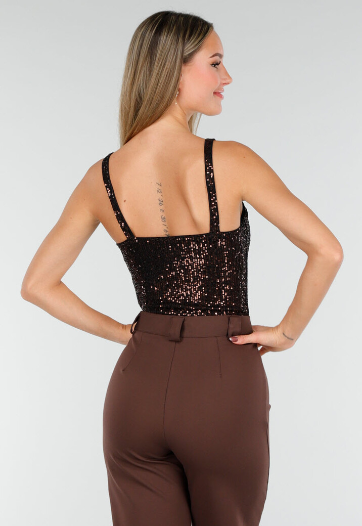 Bruine Sequin Bodysuit met Diepe V-Hals en Pailletten
