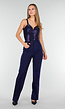 Navy Sequin Bodysuit met Diepe V-Hals en Pailletten