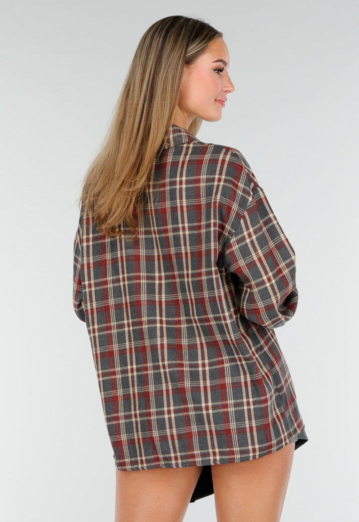 Oversized Geruite Blouse in Rood-Groen Tartan met Drukknoopsluiting