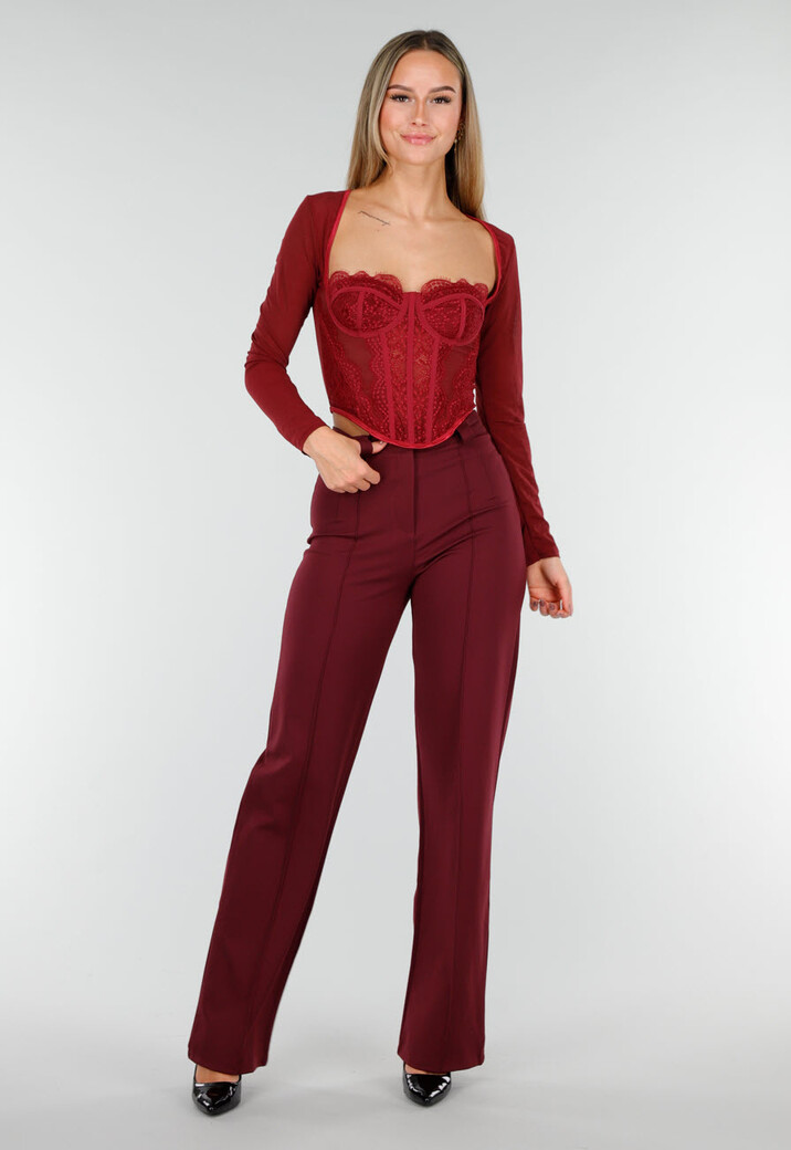 Bordeaux Korset Top met Kant, Lange Mouwen en  Baleinen