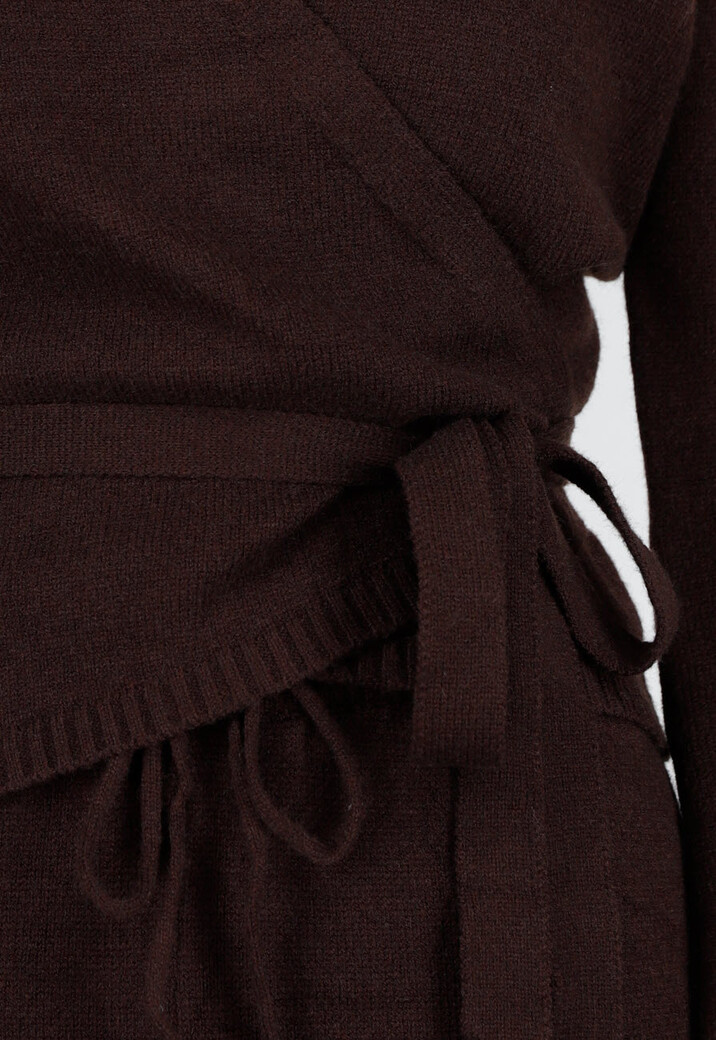 Bruine Gebreide Wikkeltop met Strikceintuur en Lange Mouwen