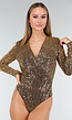 Gouden Pailletten Body met V-Hals, Lange Mouwen en Overlappende Voorzijde