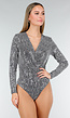 Zilveren Pailletten Body met V-Hals, Lange Mouwen en Overlappende Voorzijde