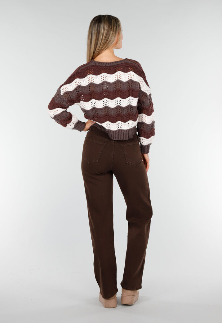 Bruin-Beige Gebreid Vest met Golvende Strepen en Hartvormige Knopen