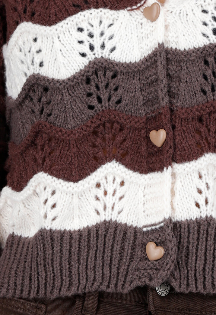 Bruin-Beige Gebreid Vest met Golvende Strepen en Hartvormige Knopen