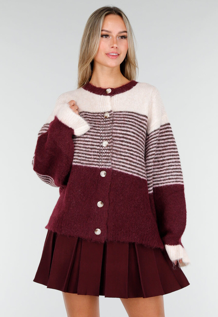 Bordeaux Gestreept Vest met Knoopsluiting en Contrasterende Boorden