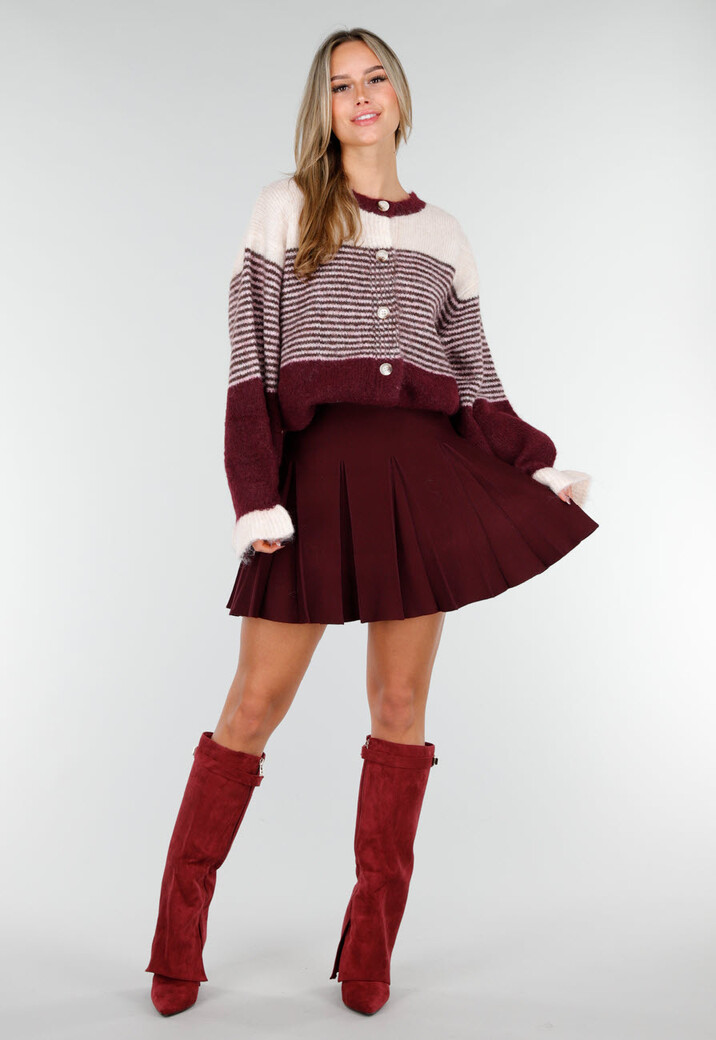 Bordeaux Gestreept Vest met Knoopsluiting en Contrasterende Boorden