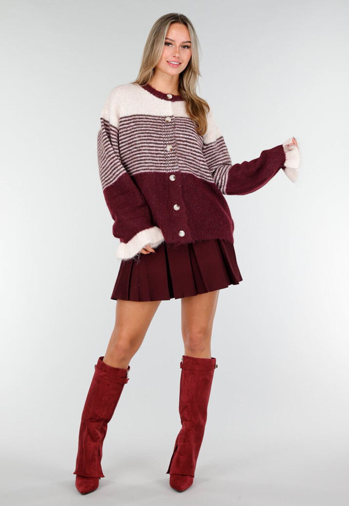 Bordeaux Gestreept Vest met Knoopsluiting en Contrasterende Boorden