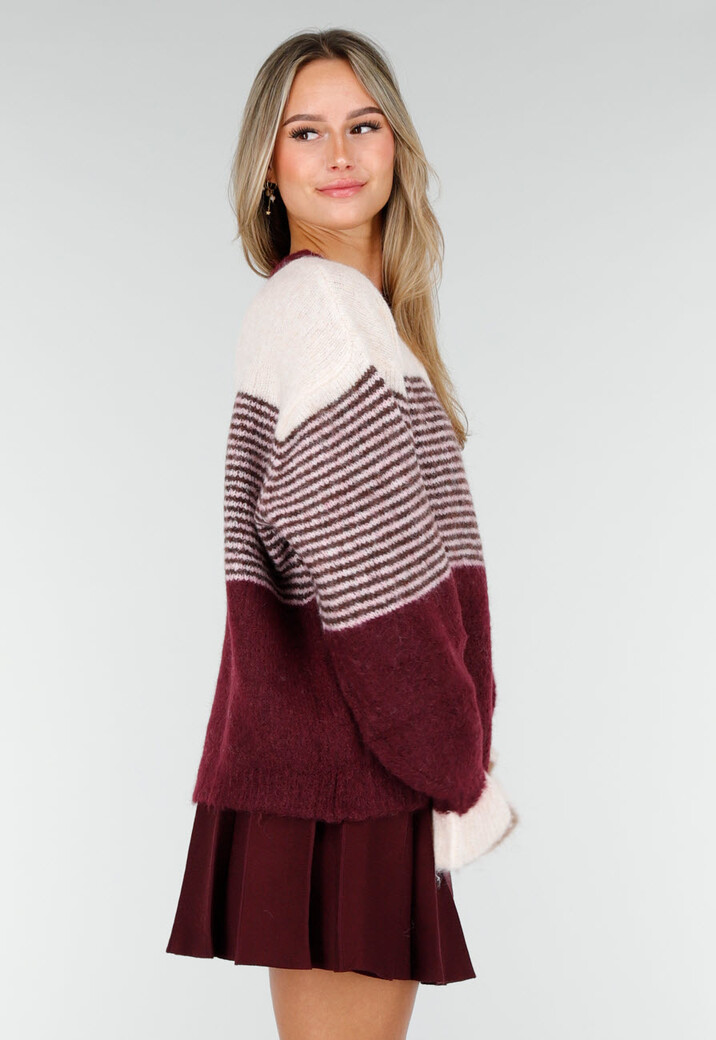 Bordeaux Gestreept Vest met Knoopsluiting en Contrasterende Boorden