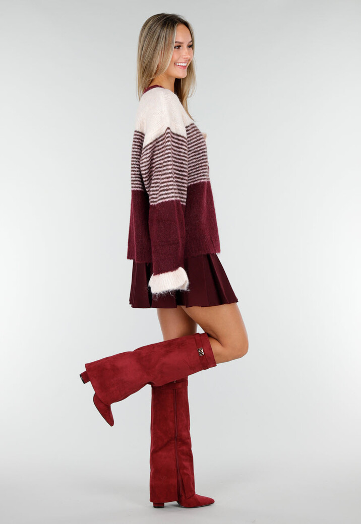 Bordeaux Gestreept Vest met Knoopsluiting en Contrasterende Boorden